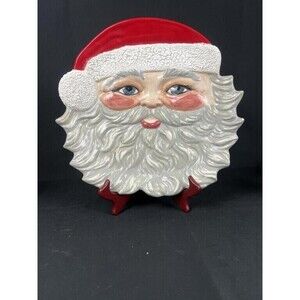 Vintage Hand Painted Ceramic Santa Claus Face Serving Platter Plate Signed E.S
